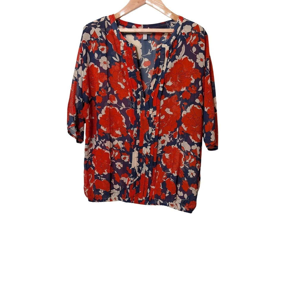 Banana Republic Women Red Navy Blue Floral Pleated V-Neck Blouse Large L